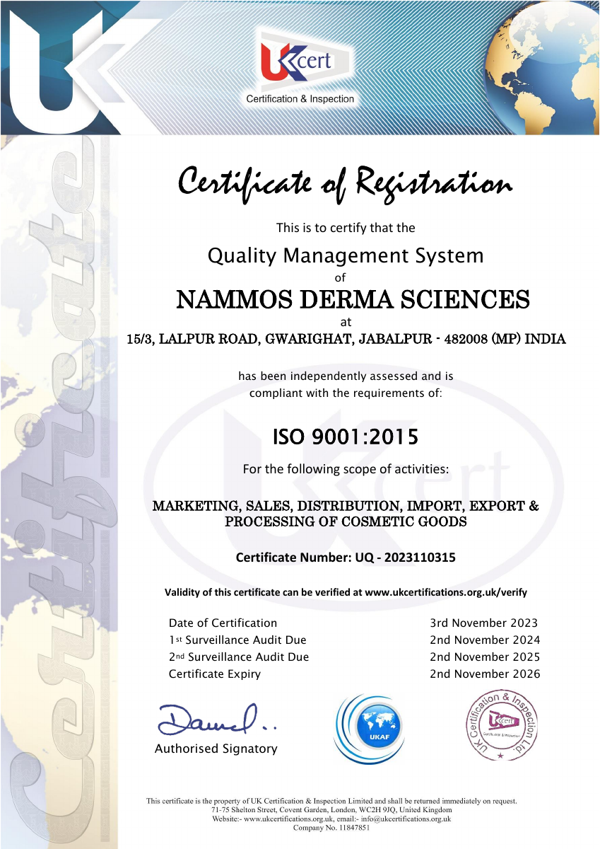 ISO 9001:2015 certificate for Nammos Derma Sciences