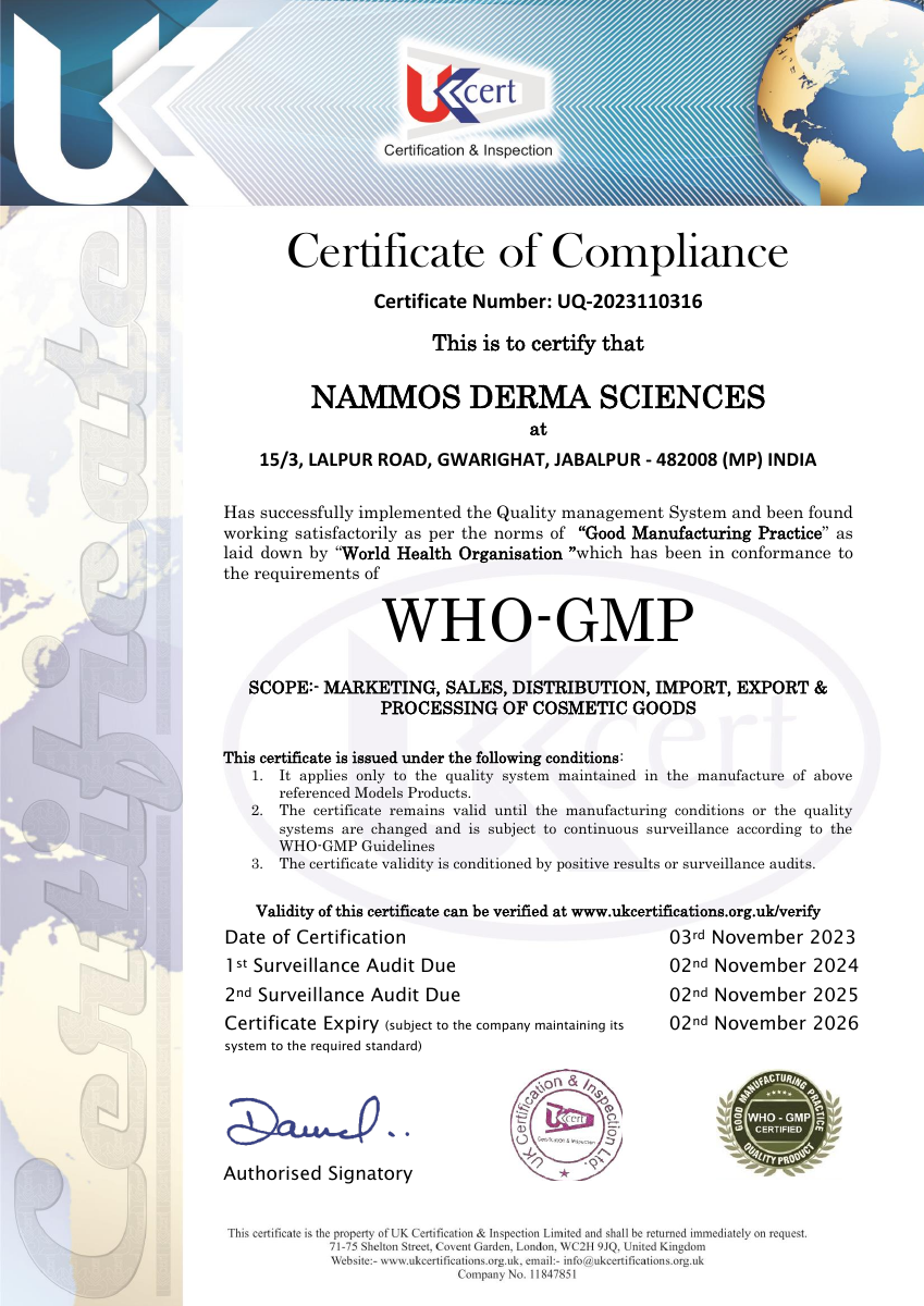 WHO-GMP certificate for Nammos Derma Sciences